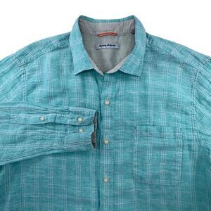Tommy Bahama Linen Plaid Button Up Long Sleeve Shirt‎ Aqua Blue XL